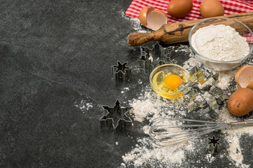 Obraz na płótnie Canvas Baking ingredients Flour eggs rolling pin Christmas food