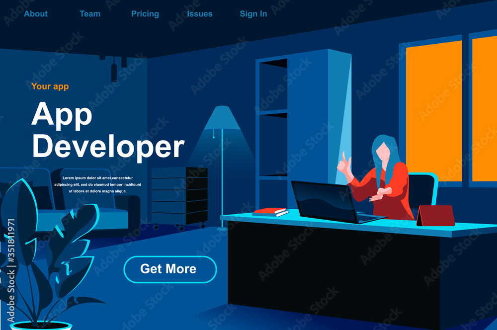 Aufkleber App development isometric landing page. Programmer working with computer in office website template. UI, UX responsive design, application programming and testing perspective flat vector illustration.