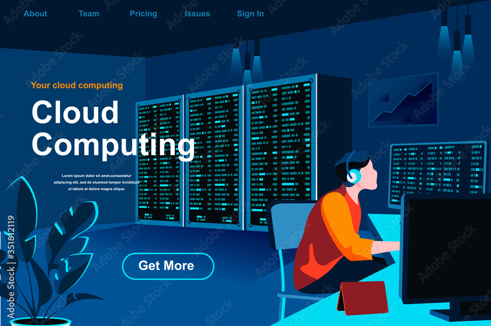 Aufkleber Cloud computing isometric landing page. IT specialist working in server room website template. Hosting platform technology, data structuring and classification perspective flat vector illustration.
