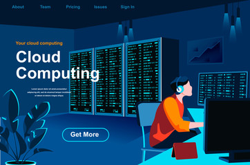Cloud computing isometric landing page. IT specialist working in server room website template. Hosting platform technology, data structuring and classification perspective flat vector illustration.