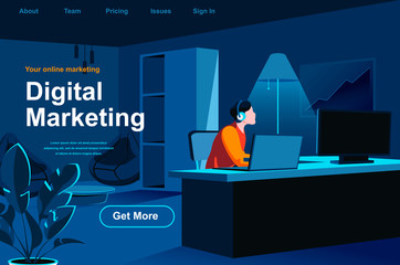 Digital marketing isometric landing page. Marketer working with computer in office website template. SMM and SEO technology, social media and web content promotion perspective flat vector illustration