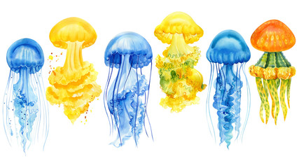 set of beautiful blue and yellow jellyfish on an isolated white background, watercolor hand drawing
