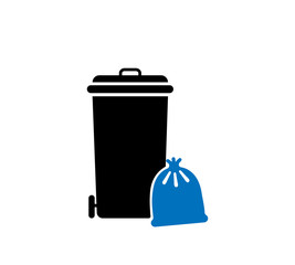 Full dustbin icon, wheelie bin and waste icon black isolated on white background, clip art of dustbin garbage full, trash bin flat for infographics, illustration draw of dumpster recycle bin simple