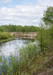 Obraz premium Nature summer, Ukraine. River and sandy steep shore, trees around the shore, landscape. Snow River, Ukraine