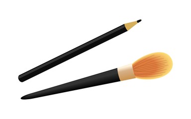 decorative cosmetic. black pencil and round brush with natural pile for makeup. isolated hand drawing on a white background.