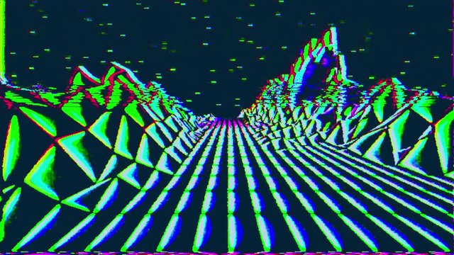 Abstract analog grunge VHS styled 80s retro background gaming and vj loop animation. Retrowave horizon landscape with neon lights and low poly shaded terrain.