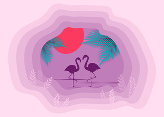 Summer background. Cool flamingo with palm vector illustration