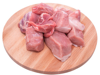 Raw pork sliced meat, hind quarter on wooden board. isolated on white background.