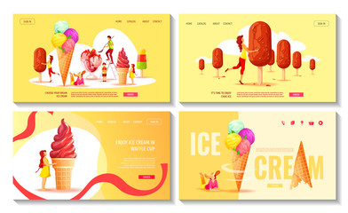 Set of web pages with various ice cream and people. Ice cream parlor or shop, Sweet products, Dessert concept. Vector illustrations for poster, banner, advertisement, commercial, menu, flyer. 