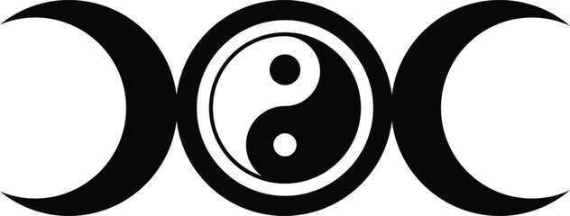 Triple Moon Symbol with ying and yang at the centre in black and white
