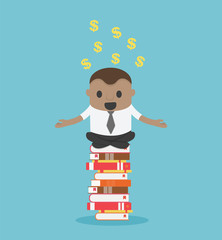 Concept cartoon illustration African Businessman who is mindful by sitting on a pile of books, he succeeds in reading and can make money for him