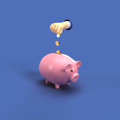 3d illustration of a hand dropping coin in a piggybank on blue isolated background top 3-4th view