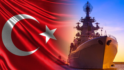 Demonstration of ships and submarines of the Turkish army. Warship and submarine on the background...