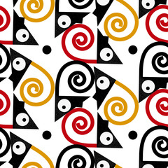 Fototapeta premium Seamless geometric graphic pattern with chameleons in black, white, red and yellow colors on white background with black dots