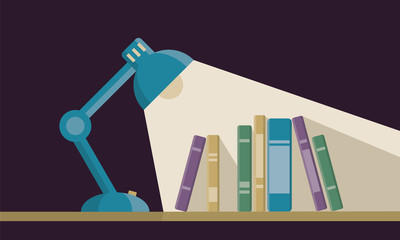 Color lamp and books on shelf at night