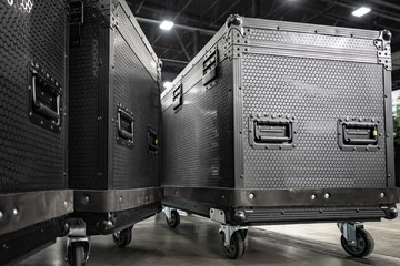 Concert equipment. Containers for transportation of equipment. Reinforced boxes on wheels....