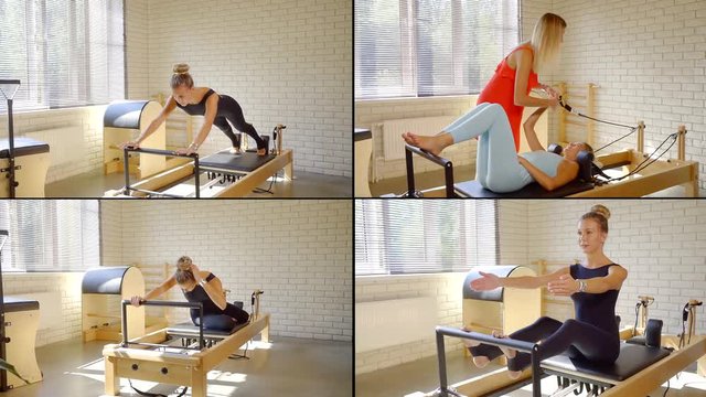 women are training on moving platform sport equipment, collage shot