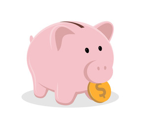 Piggy bank with coin vector illustration. Classic ceramic pig symbol of saving money