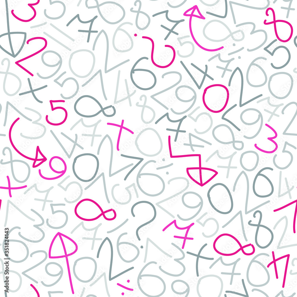 Fototapete cute seamless pattern with hand drawn numbers and mathematics signs. simple kids drawing style. grey