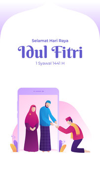 Muslim son shakes hands apologizing to parents for celebrating Eid al-fitr with potrait banner illustration