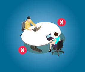 Social distance poster for meeting room. Employees are meeting together in meeting room with maintain social distancing. Covid 19 awareness poster for office conference room.