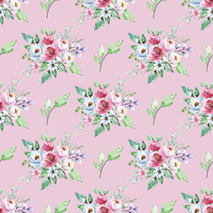 Fototapeta na wymiar Seamless pattern with watercolor flowers peonies, repeat floral texture, background hand drawing. Perfectly for wrapping paper, wallpaper, fabric and other printing. 