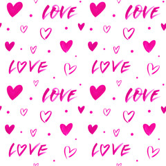 Seamless hand-drawn pattern with romantic love lettering and pink hearts. Isolated on white background. Doodle style elements. Background for wallpaper, textile, print, gift wrap or scrapbook.