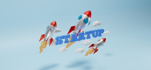 Startup letters with rocket launching on blue background. 3D rendering.