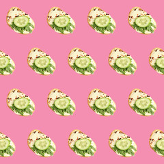 Set of delicious toasted bread with spread, cucumber and arugula on pink background, top view