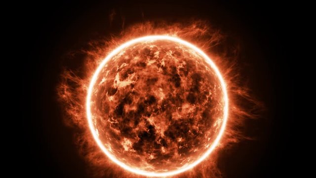 Beautiful realistic solar surface with flame. 3D animation of a star the sun in space on a black background. Camera movement.