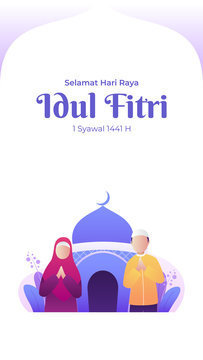 Eid mubarak greeting card with couple muslim characters and mosque for portrait banner illustration
