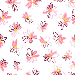 Fototapeta na wymiar Bright spring nature background. Ditsy seamless pattern made of artistic daisy flowers. Scattered daisies in simple minimalist style. Felt tip pen. Sketch design, outline drawing.