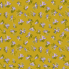 Bright spring nature background. Ditsy seamless pattern made of daisy flower buds. Small daisies in simple vintage style. Felt tip pen. Sketch design, outline drawing. For textile, fabric, fashion.