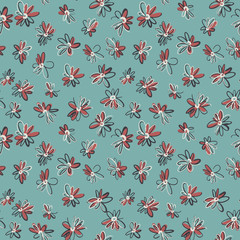 Bright spring nature background. Ditsy seamless pattern made of daisy flower buds. Small daisies in simple vintage style. Felt tip pen. Sketch design, outline drawing. For textile, fabric, fashion.