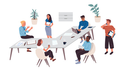Collection of business people working in office. Workers solve problems. They drink coffee, discuss complex issues, talk on the phone with partners. Different races and nationalities. Flat. Cartoon