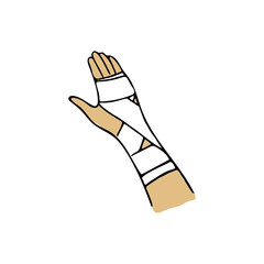 Bandage for arm, first aid medical emergency. Vector hand drawn illustration injured person.
