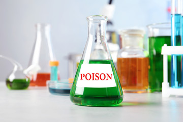 Flask with poison on table in laboratory