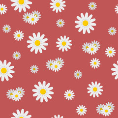 Chamomile flowers of different sizes, one and several pieces on a light red background. Floral seamless pattern. Vector illustration