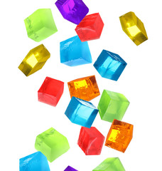 Set of different delicious jelly cubes falling on white background