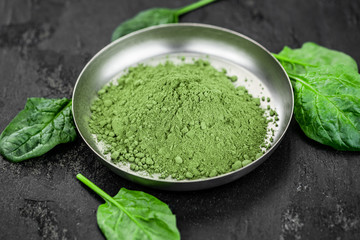 Freshly made spinach powder (close up; selective focus)