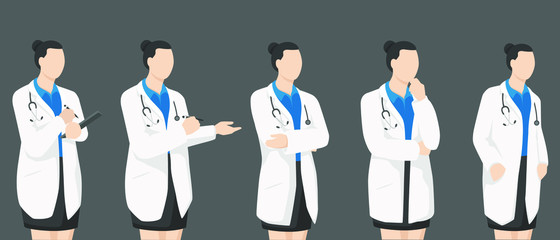 Fototapeta premium Set of female doctor in modern flat style, nurse, pharmacist, simple medical concept isolated on white background.