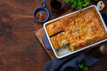 savory meat pie in baking dish