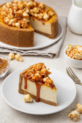 slice of caramel cheesecake on white plate
