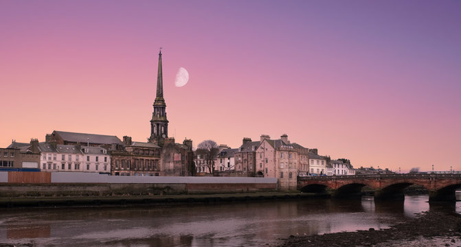 Looking Down to new Bridge and Over to the Ayr Town Centre and the Church Spier on the North Side of the town.