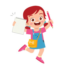 happy cute student kid girl with book and pencil