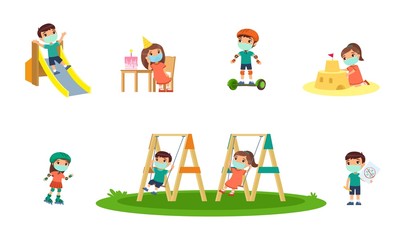 Little girl and boy with face mask plays in the playground. Concept of summer entertainment with respiratory diseases, allergies.Child plays different summer games. Cartoon character, illustration set