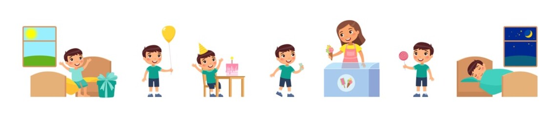 Birthday of little boy. Concept of children's holiday, pocket money. Joyful child receives gift,eats cake, buys sweets, holds balloon, sleeps happy.Cartoon characters, set of flat vector illustrations