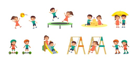 Fototapeta premium Little boy and girl plays in the playground. Concept of summer entertainment and friendship. Children play different summer games. Sport and recreation. Cartoon characters, flat vector illustrations