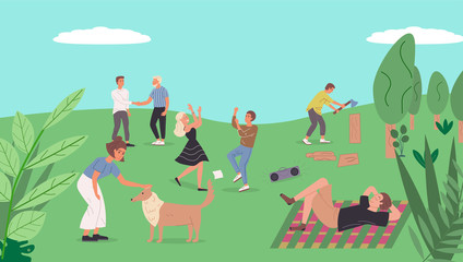 Collection of people relaxing in nature. Couple dancing. Girl is petting the dog. Guy chooses firewood on the barbecue. Friends spend time together. Young life. Flat cartoon vector Illustration