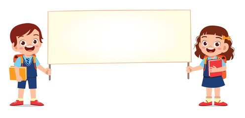 happy cute kid boy and girl holding blank banner